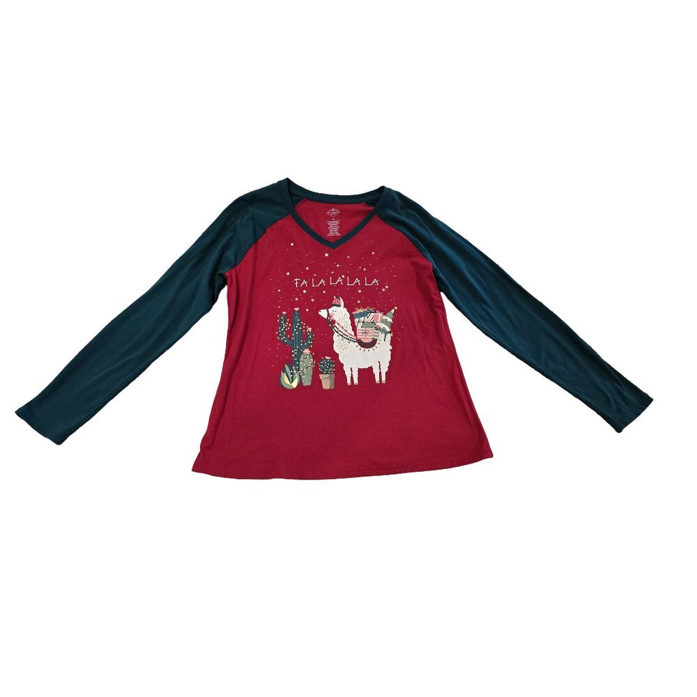 St. Johns Bay Women's Red Long Sleeve Llama Cactus Graphic V Neck T Shirt Size M